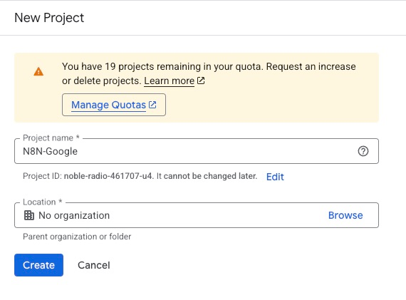 Creating new project in Google Console