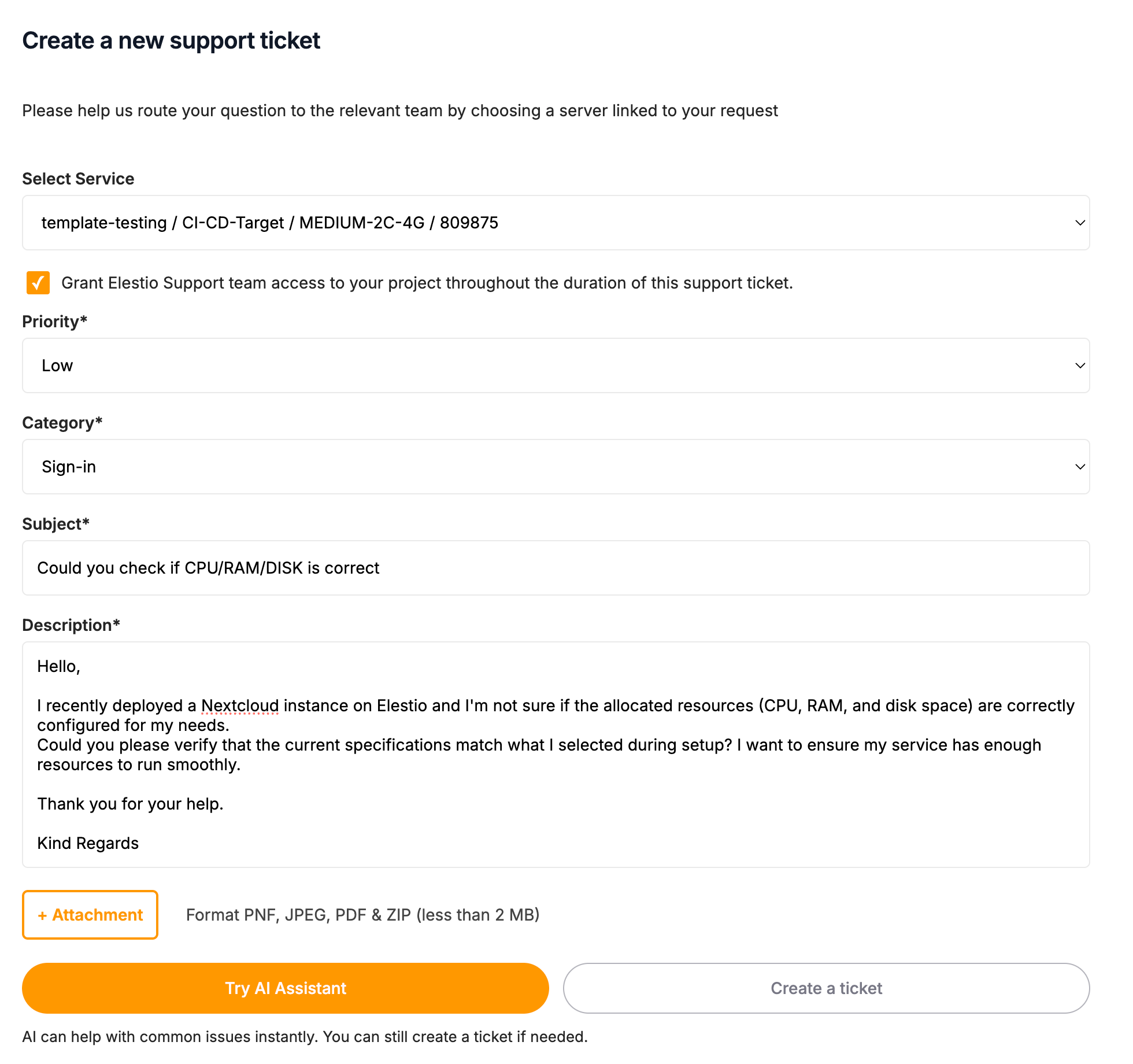 Support ticket form with Try AI Assistant button