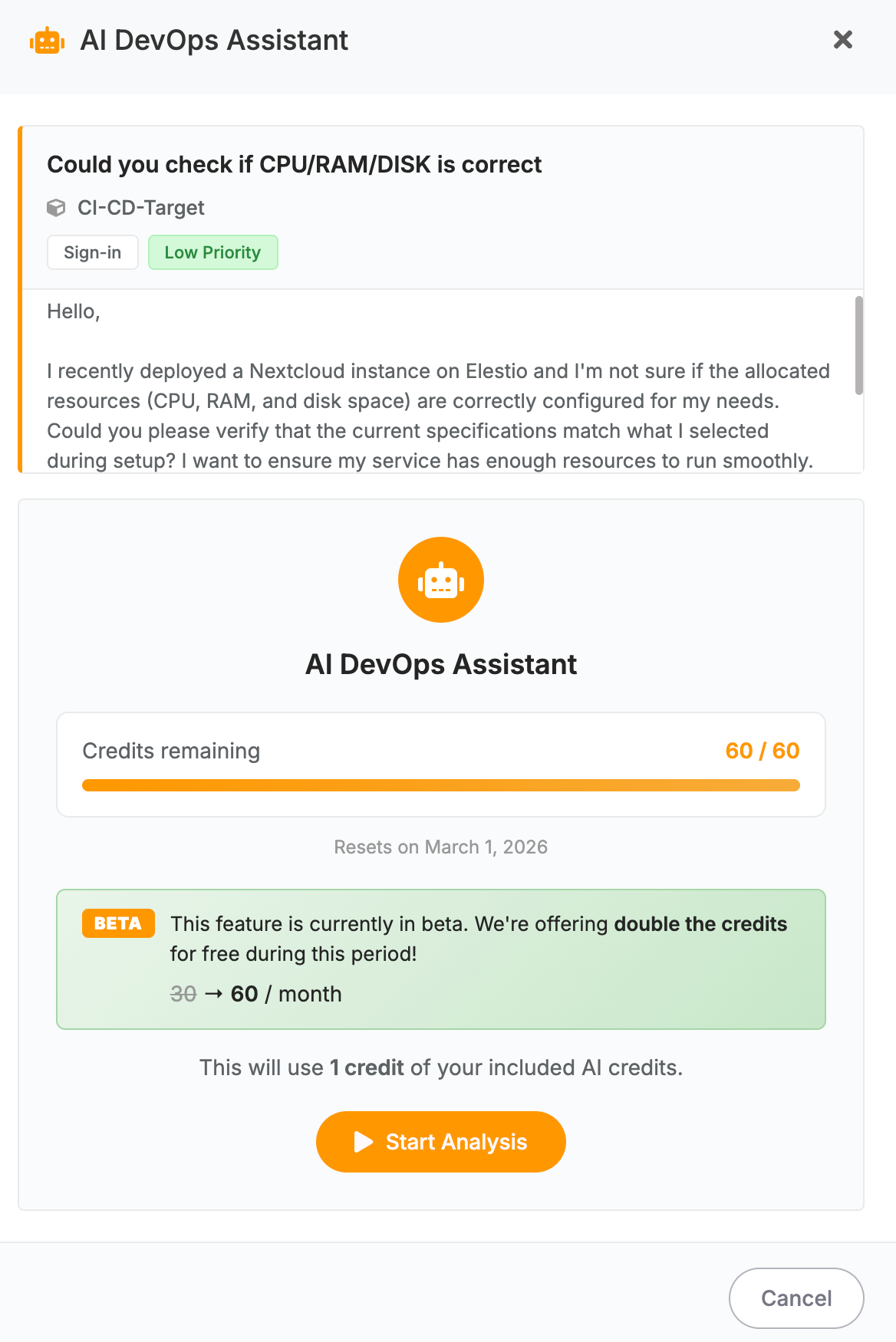 AI DevOps credit modal