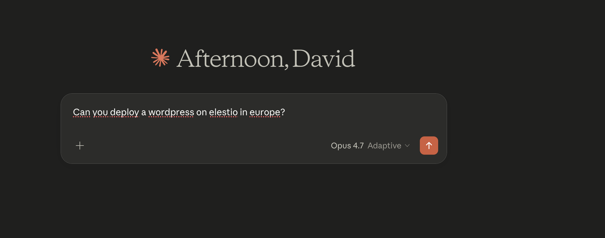 Claude.ai conversation prompt asking to deploy WordPress on Elestio in Europe