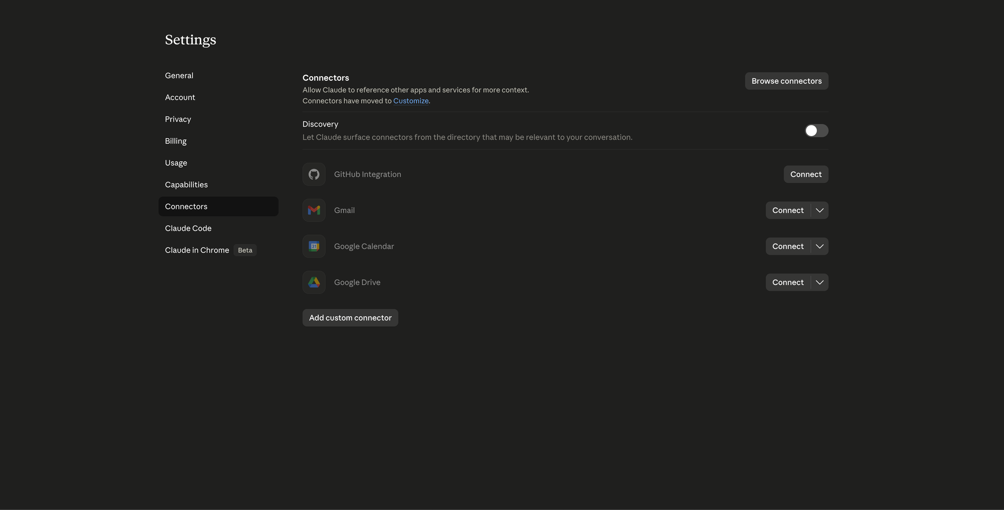 Claude.ai Settings showing the Connectors panel with built-in integrations