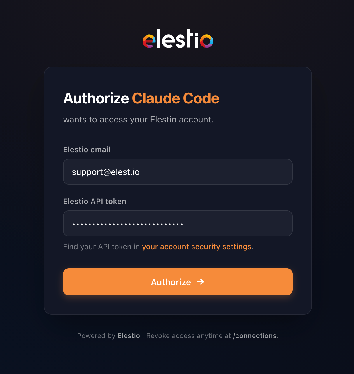 Add custom connector dialog with name set to elestio and URL set to https://mcp.elest.io