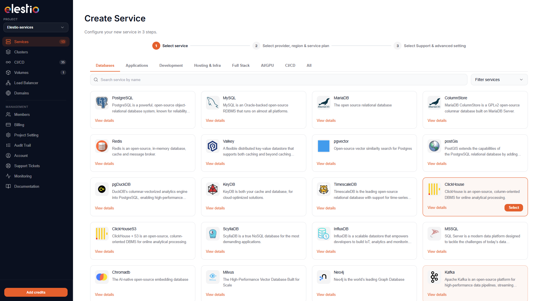 The new sidebar with inline count badges (14 services, 35 CI/CD pipelines, 1 volume) and the two-group split between build and management items