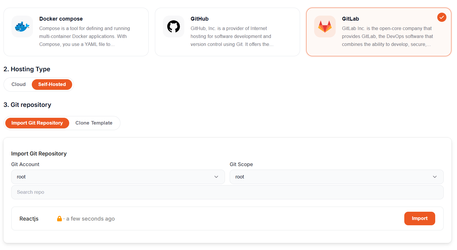 GitLab self-hosted selected in Elestio CI/CD source picker