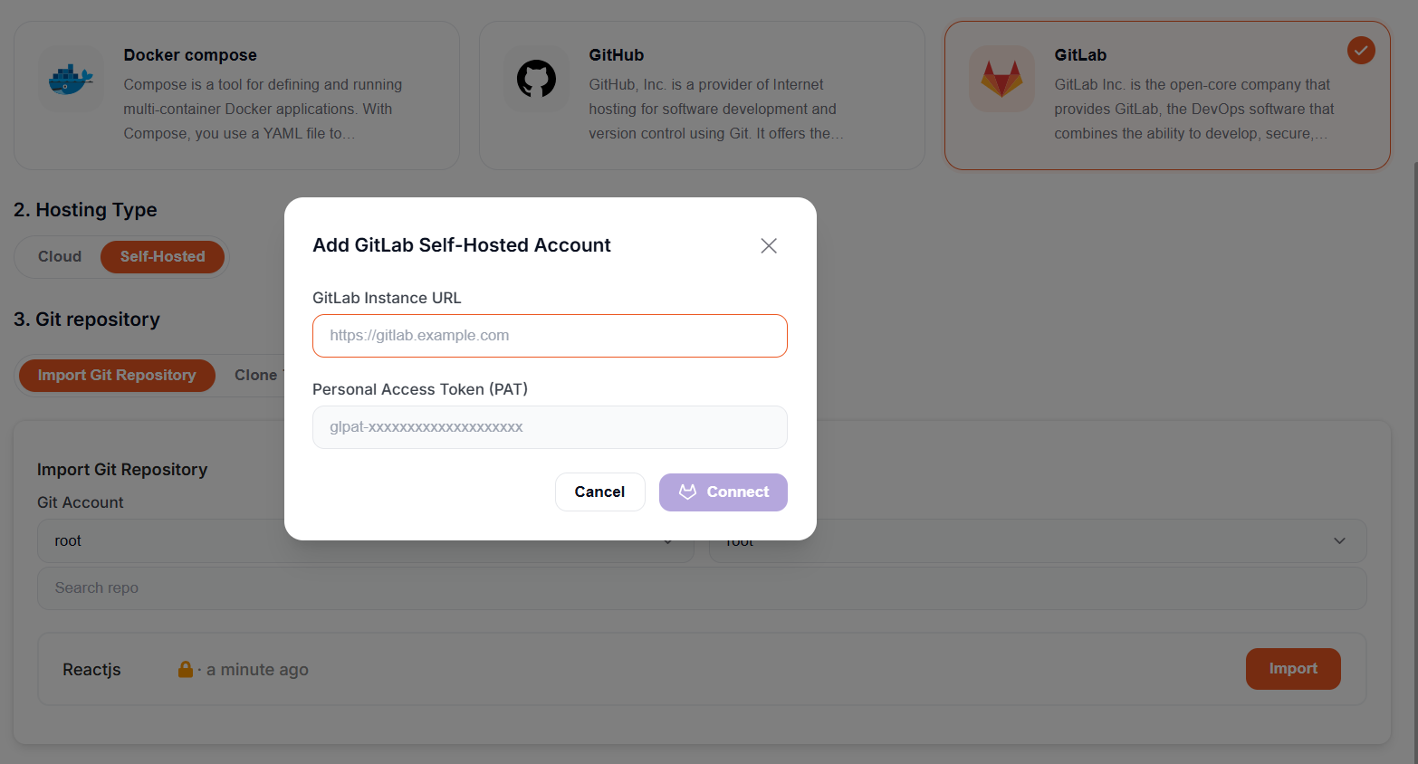 Add GitLab Self-Hosted Account modal asking for instance URL and PAT