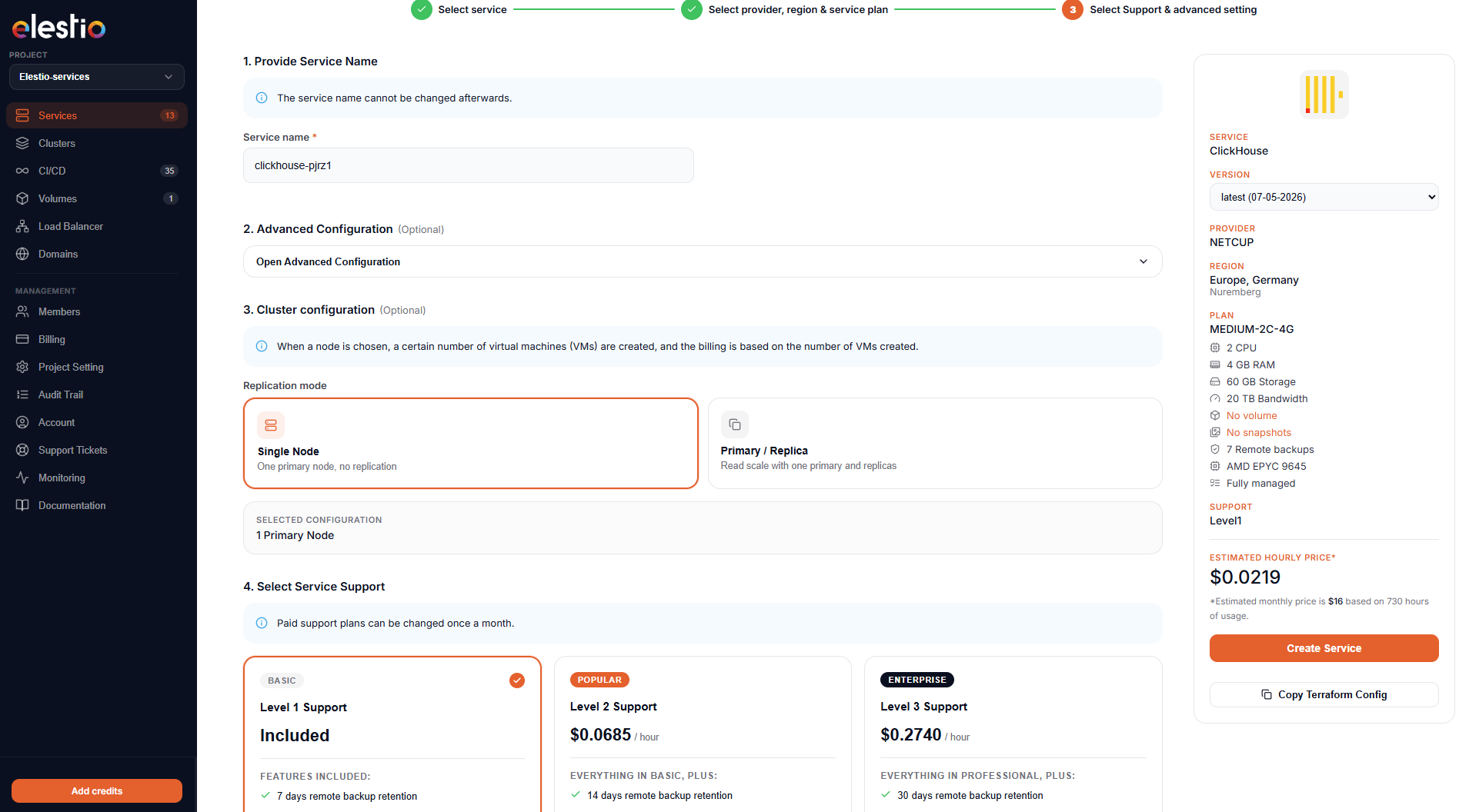 Step 3 of the wizard: service name, cluster mode (Single Node vs Primary/Replica), support tiers, and the live cost preview pinned to the right rail