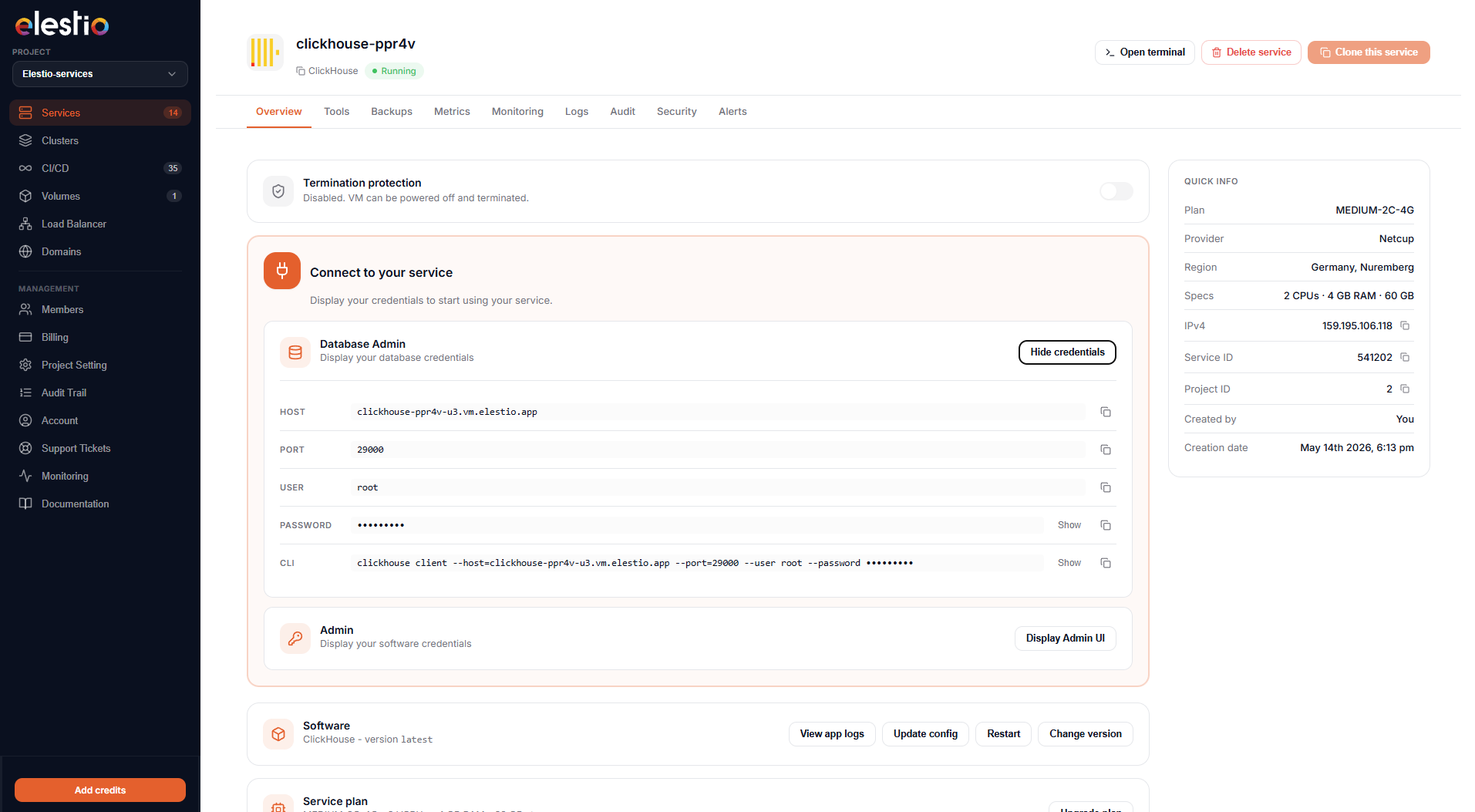 The Overview tab with the inline credentials card (HOST, PORT, USER, PASSWORD, CLI) and the Quick Info sidebar pinned on the right