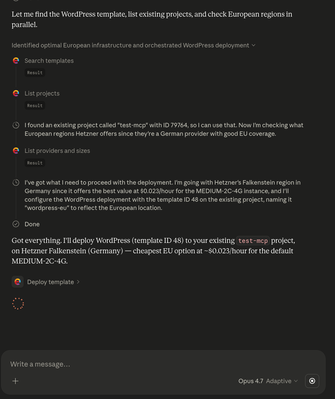 Claude confirming the WordPress deployment plan: Hetzner Falkenstein Germany, MEDIUM 2C-4G, ~$0.023/hour, with the Deploy template action ready