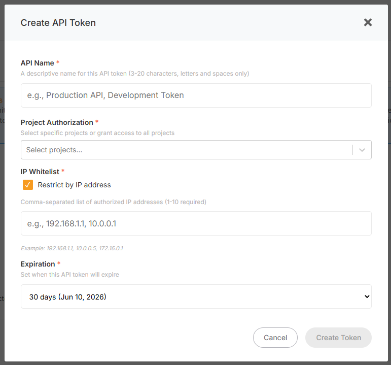 Create API Token dialog in Elestio account security: API name, project authorization, IP whitelist, and expiration