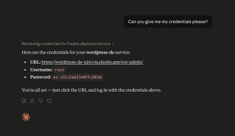 Claude retrieving WordPress credentials via the Elestio MCP connector: URL, username, and password returned inline in the chat