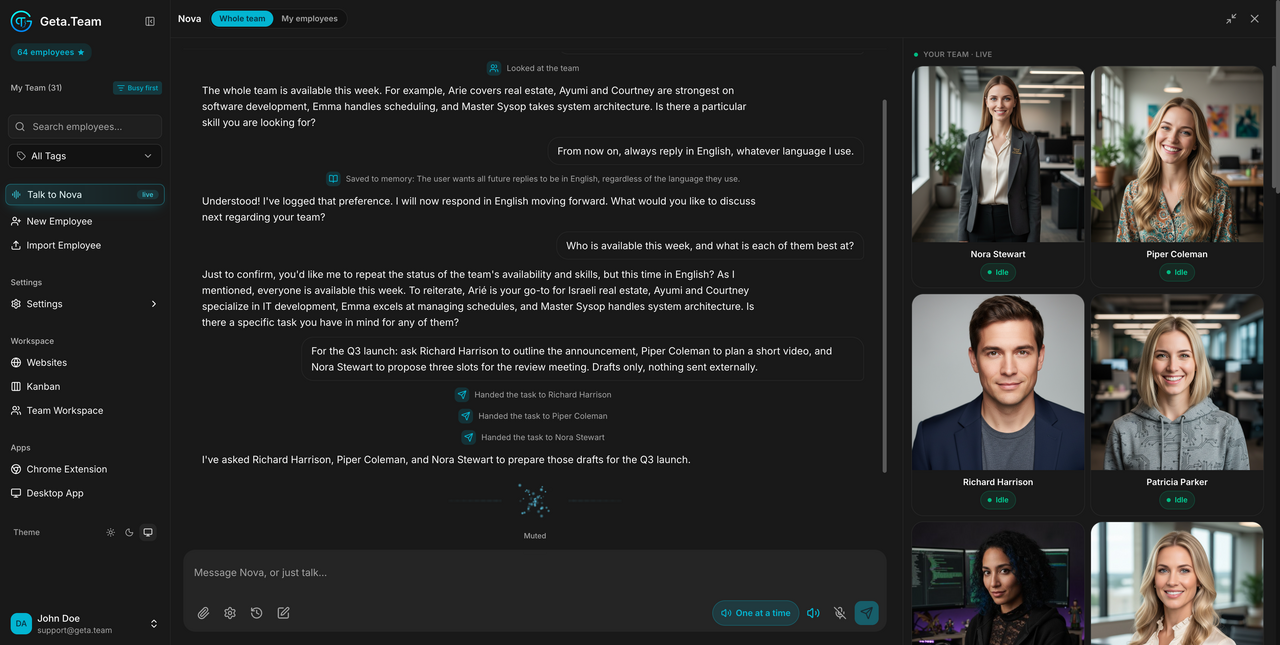 Nova assigning a Q3 launch task to three different AI employees, with handoff confirmations and a memory-saved notice