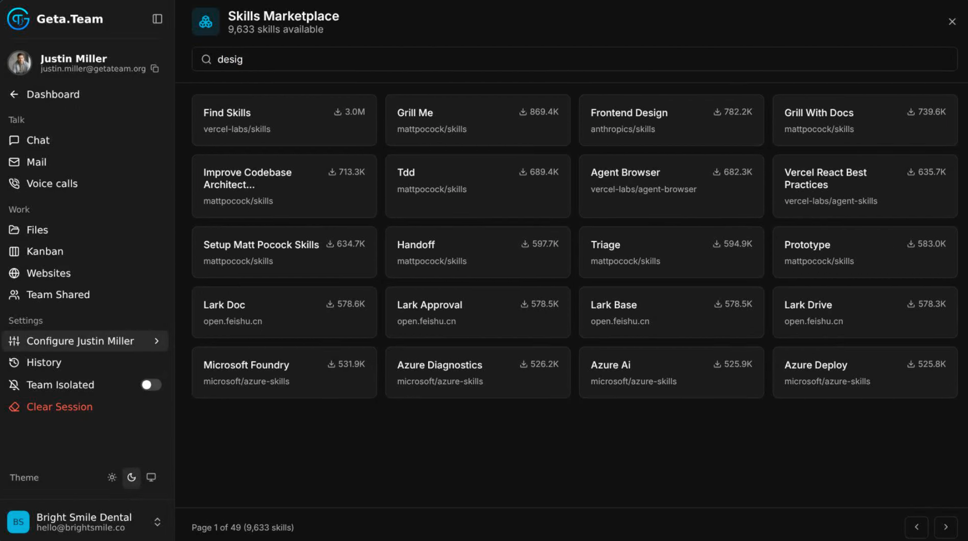 The Geta.Team Skills Marketplace, showing 9,633 installable skills with publisher names and download counts