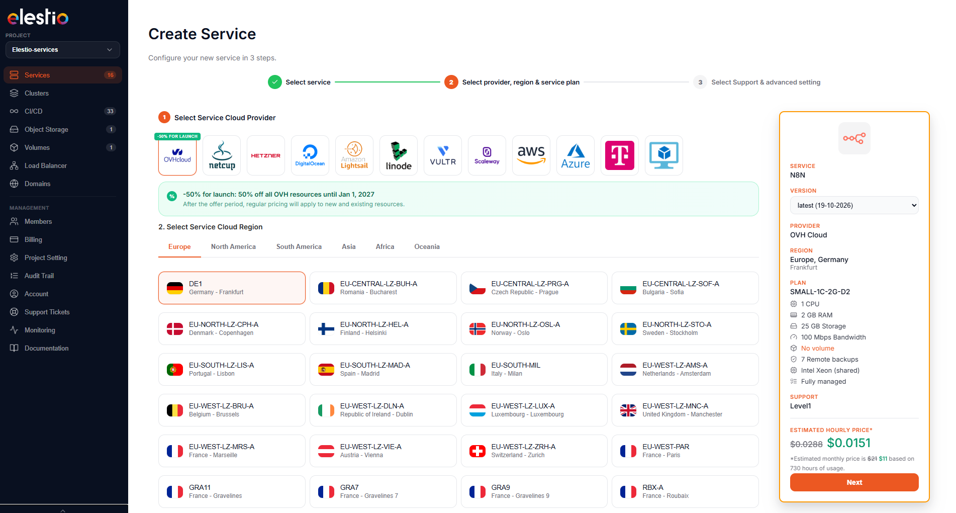 Creating an n8n service on OVHcloud in the Elestio dashboard, Frankfurt region, with the 50% launch discount applied